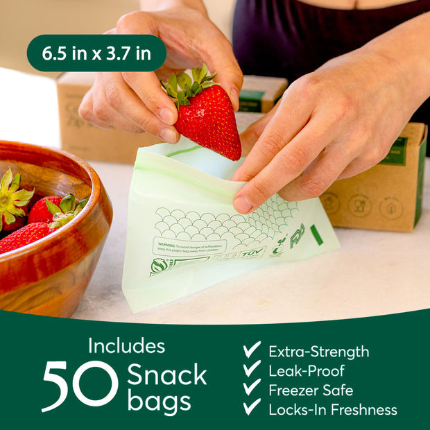 Cleanomic Compostable* Snack Size Food Storage Bags (50 Eco Zip) Freezer and Leak Proof, Also Available Gallon, Quart and Sandwich Size Bags